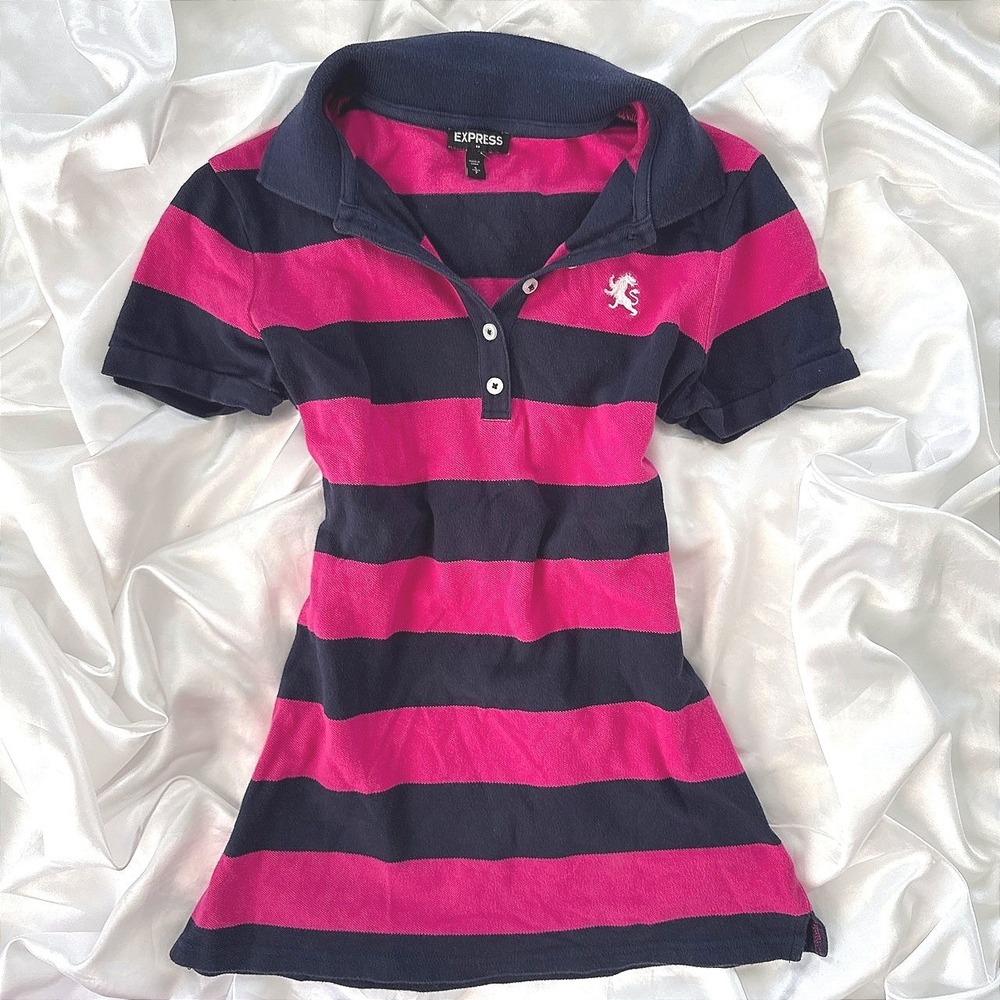 Express Womens Pink Navy Striped Polo Shirt Lion Logo Size S Short Sleeve